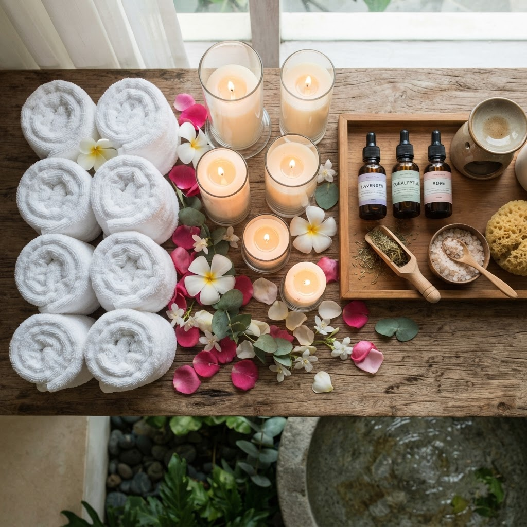 Spa candles and rolled white towels arrangement